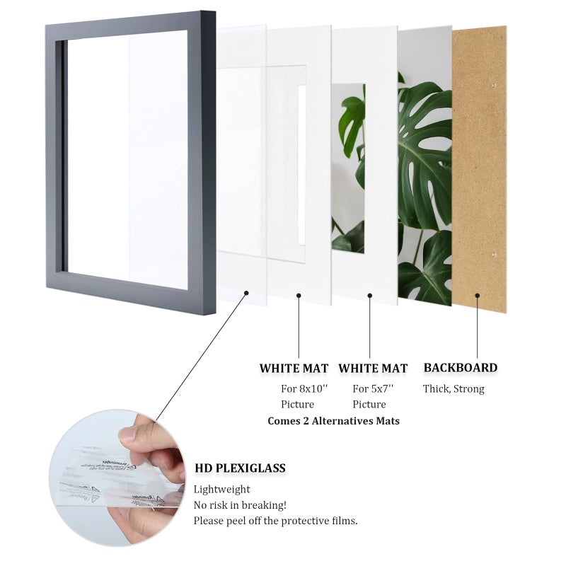 Egofine 11x14 Picture Frames 4 Pack Display Pictures 5x7/8x10 with Mat or 11x14 Without Mat Made of Solid Wood Covered by Plexiglass for Table Top Display and Wall Mounting Photo Frames, Dark Gray - Image 4